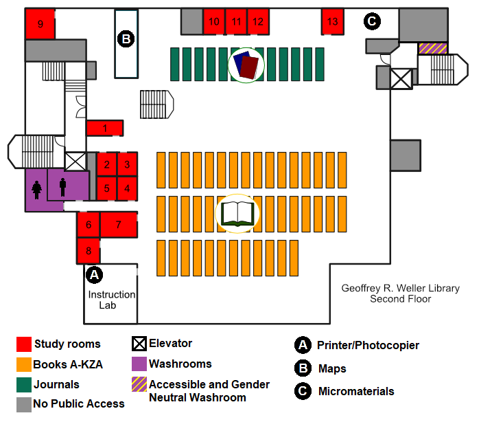 Map of second floor of Geoffrey R. Weller Library at UNBC Prince George campus