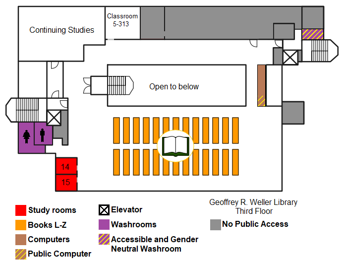 Map of third floor of Geoffrey R. Weller Library at UNBC Prince George campus