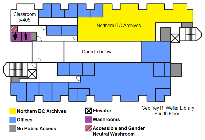 Map of fourth floor of Geoffrey R. Weller Library at UNBC Prince George campus