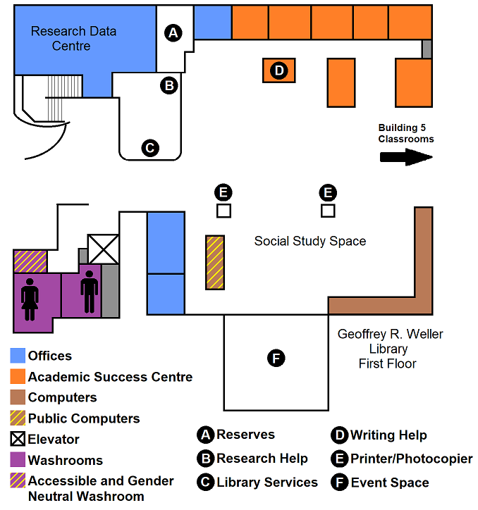 Map of first floor of Geoffrey R. Weller Library at UNBC Prince George campus