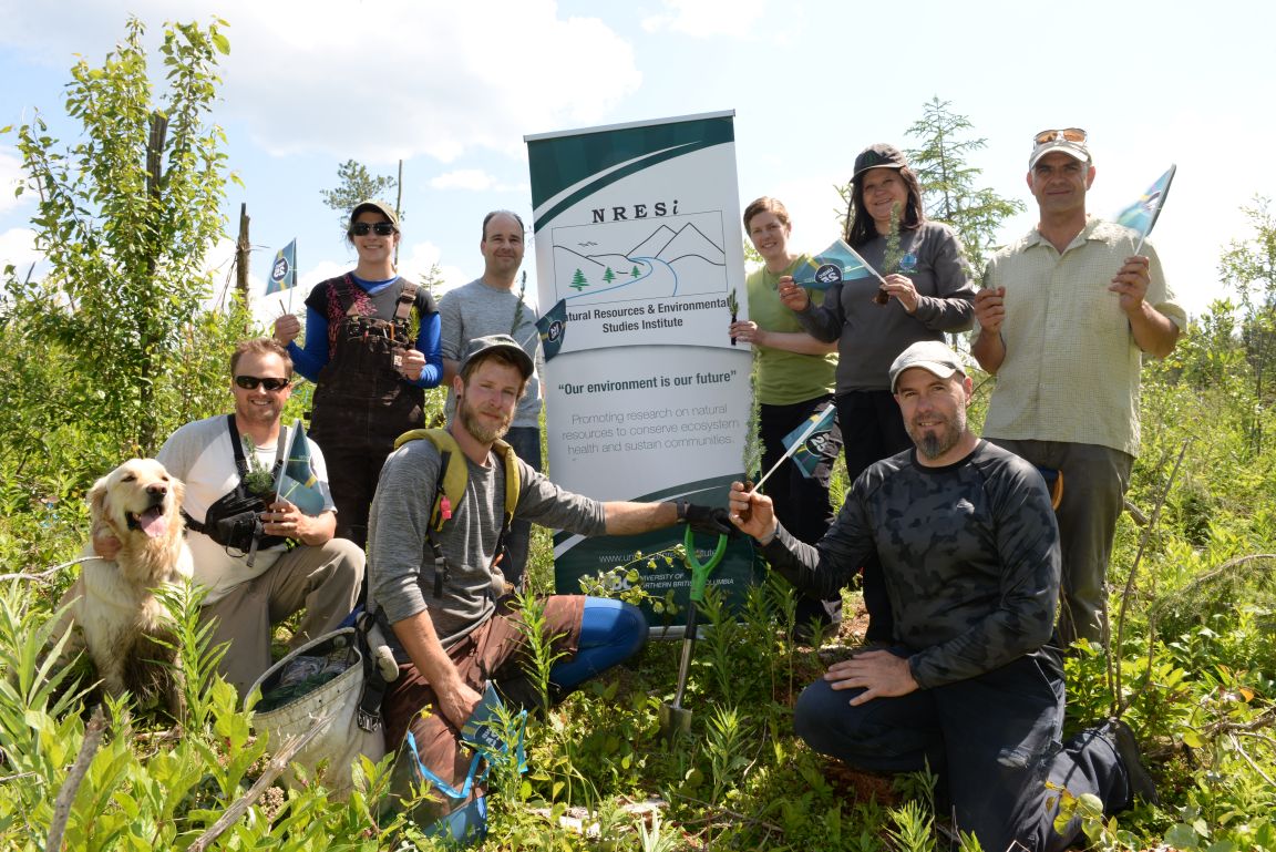 Back row from left, project manager Adam Wells and summer student Sydney Mitchell, both with Erafor Forestry Ltd., Kyle Aben, research manager with Pacific Institute for Climate Solutions, Leanne Elliot, research manager with NRESi, Ljiljana Knezevic, land based investment specialist with BC Ministry of Forests, Lands and Natural Resource Operations, and Garth Hadley, director of Coast Range Contracting Ltd. Kneeling from left, tree planter Alex Pattison and planting foreman Keith Little.