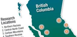 Map of BC indicating research locations