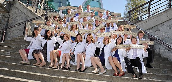 Northern Medical Program Graduates on the Agora Stairs at UNBC.