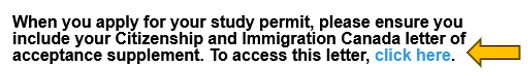 A screen capture of the IRCC form text in the admission letter