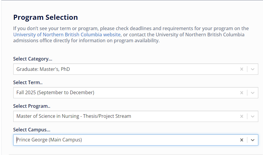 An image of our program selection options in the application