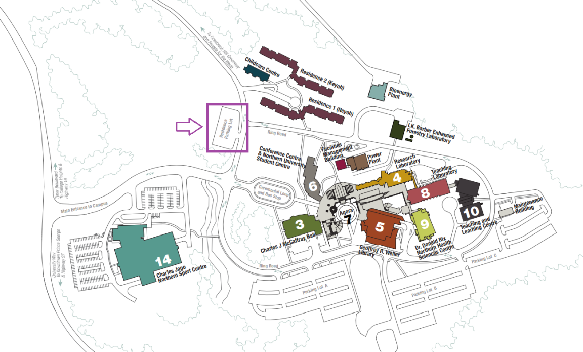 Map of UNBC with purple box around the Residence Parking lot with a purple arrow pointing to it.