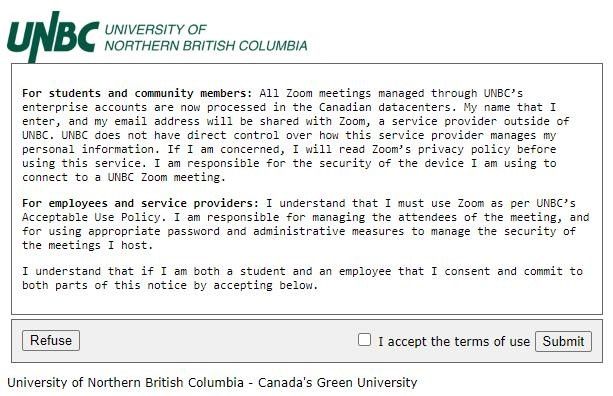 Zoom Terms of Usage at UNBC