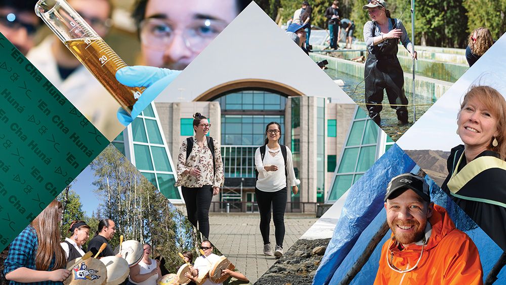 UNBC students on campus, in the lab, drumming circle and learning in the field