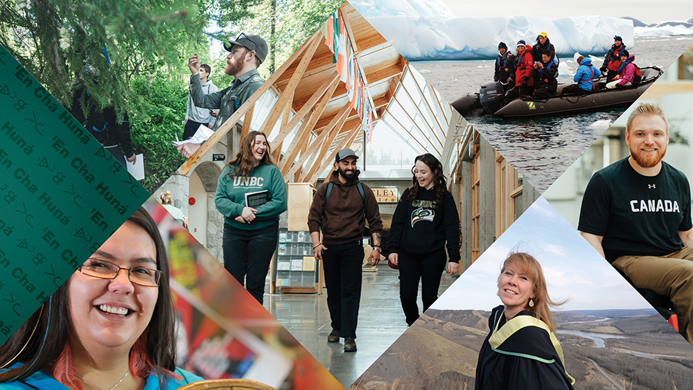 Images of students on campus, doing field research and in convocation regalia