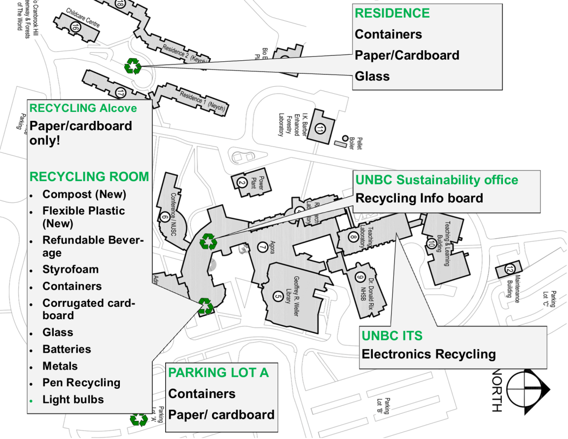 UNBC PG Campus Map of Recycling stations