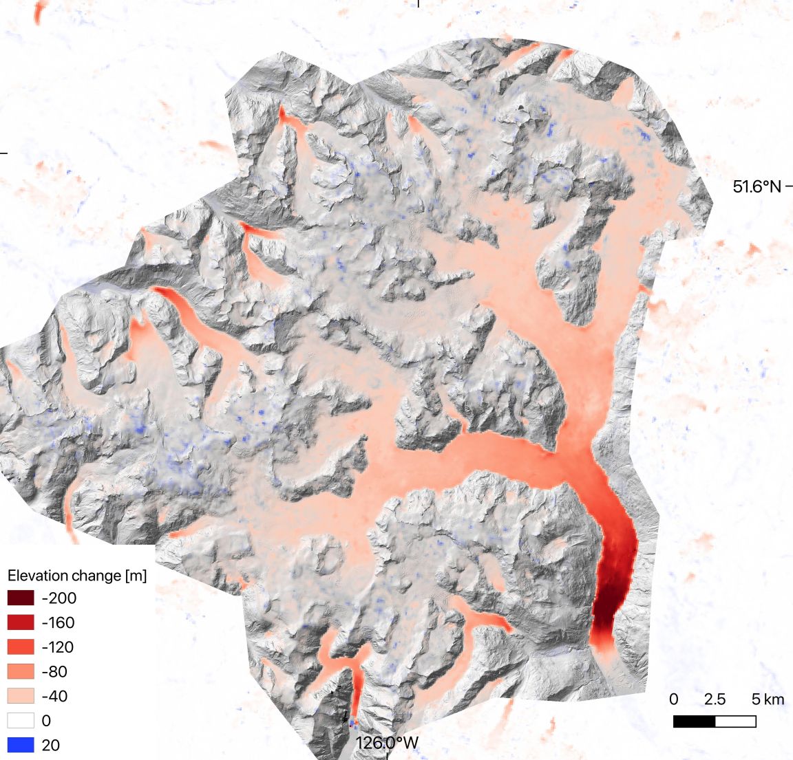 Elevation change over the Ha-Iltzuk Icefield for the period 2000-2019.  