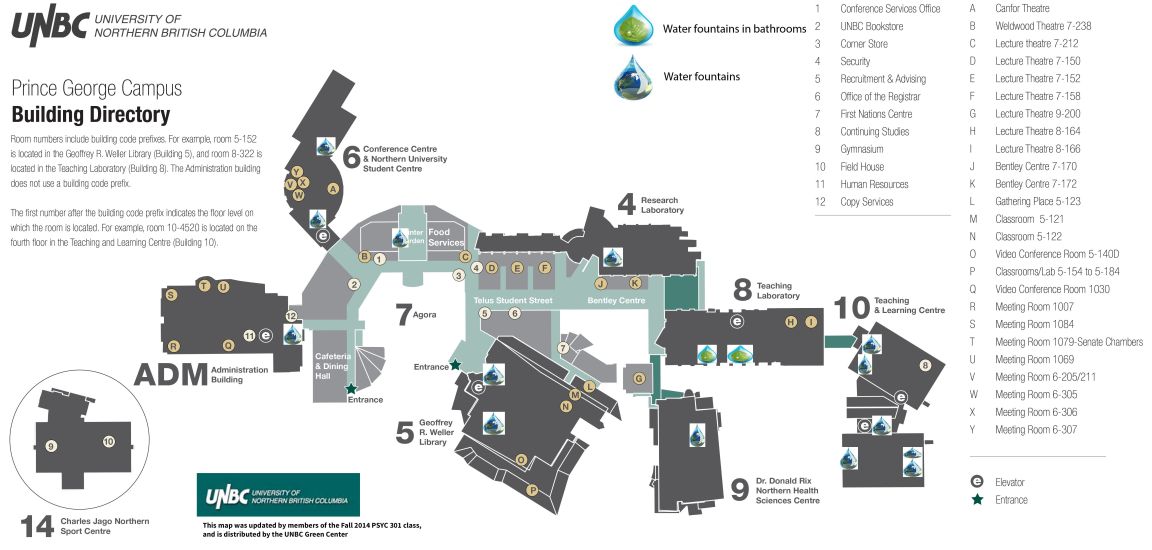 Map of water fountain locations at the Prince George campus