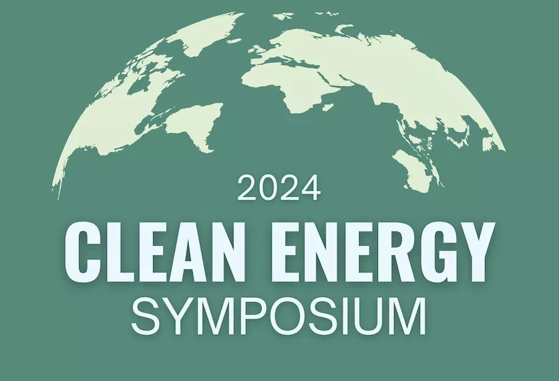 Banner for the 2024 Clean Energy Symposium, with text overlaid on a map of the globe.