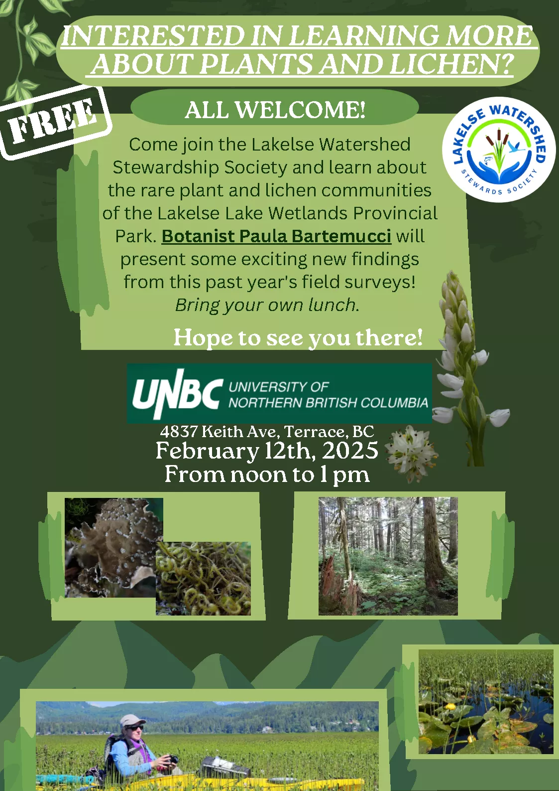 Poster for event - "Lakelse Watershed Stewardship Society" - Feb 12, 2025 @ 12:00pm - 1:00pm