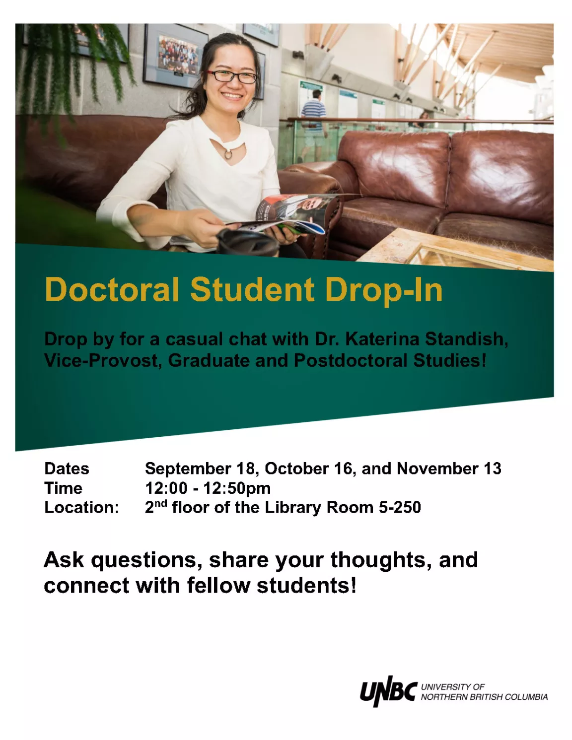 Event page poster for the Doctoral Students Drop In event with Dr. Katerina Standish, Vice-Provost, Graduate and Postdoctoral Studies stating event information