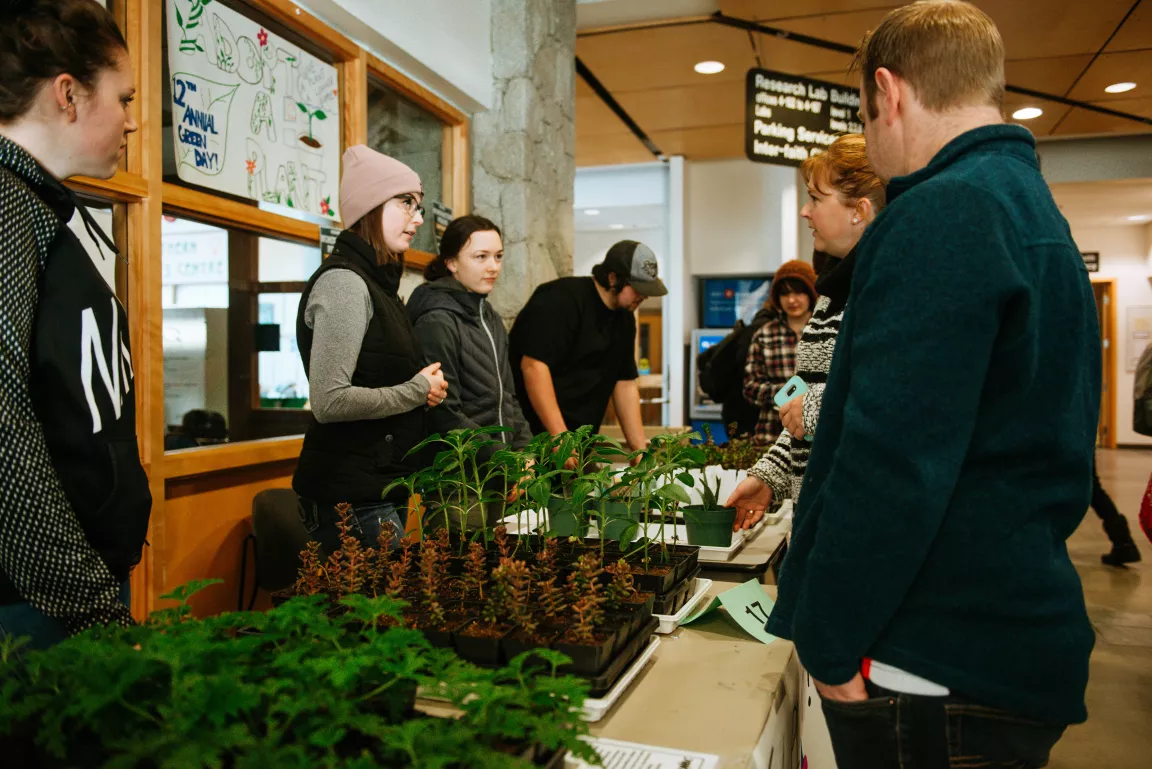 Students at a table with plants