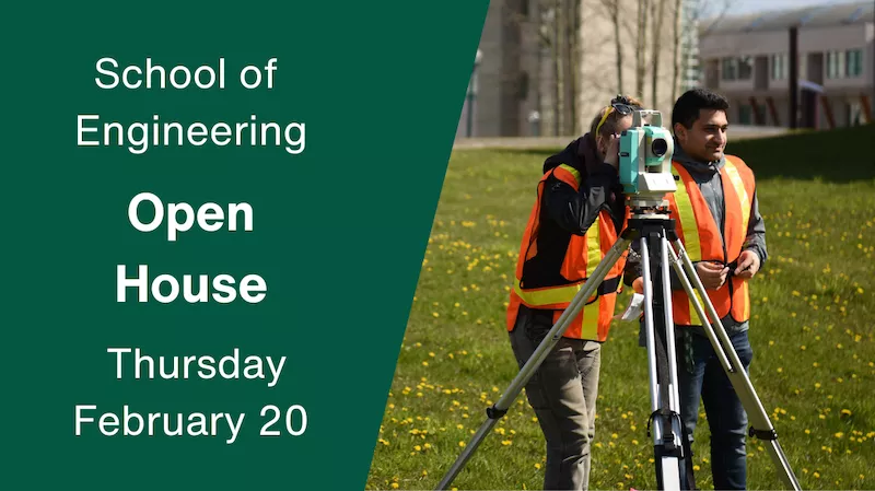 Cover image with Engineering open house information, featuring 2 students in safety vests using surveying equipment.