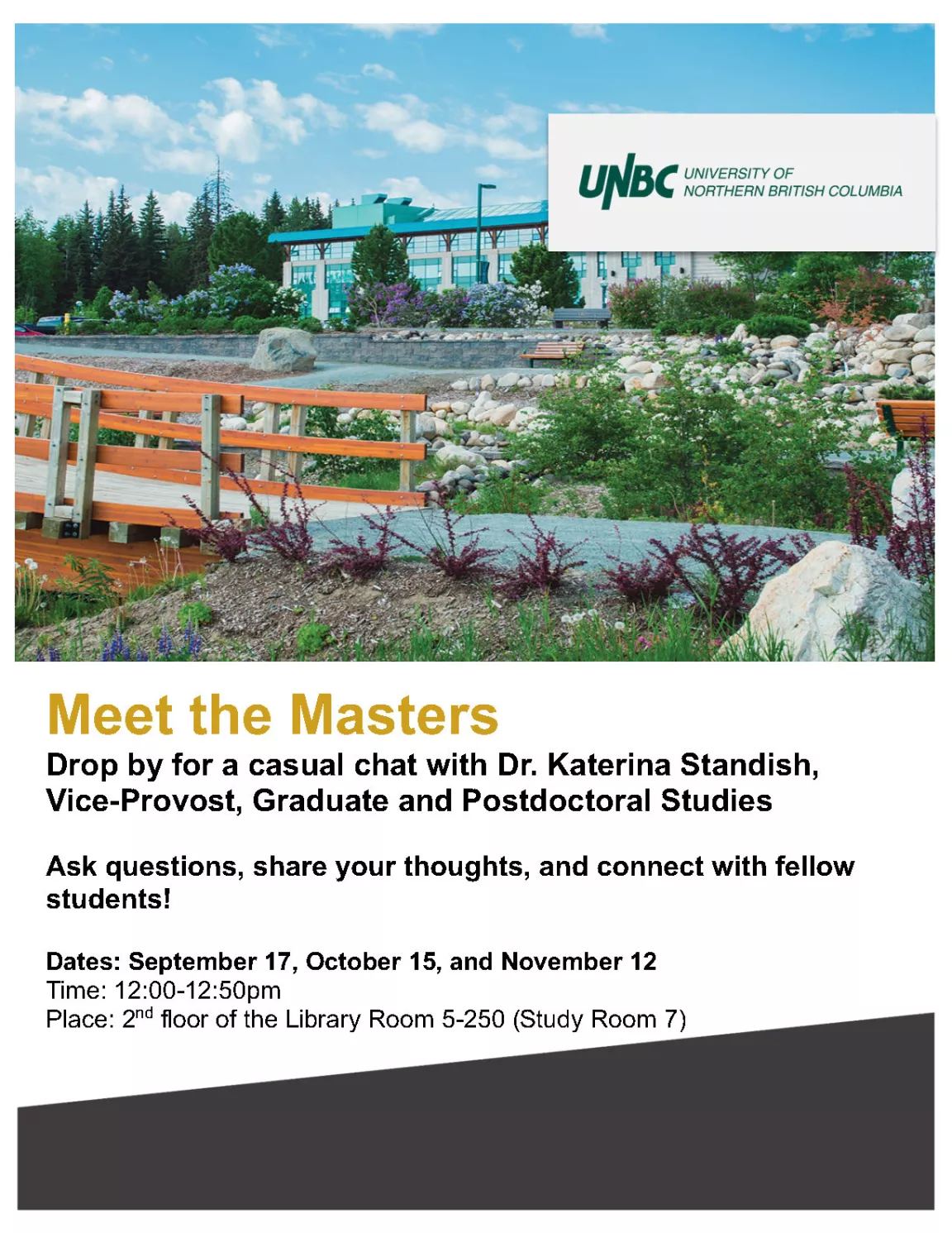 Event page poster for the Meet the Masters event with with Dr. Katerina Standish, Vice-Provost, Graduate and Postdoctoral Studies stating event information