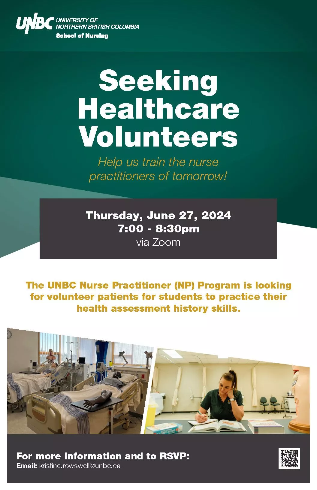 Poster indicating that Healthcare Volunteers are being sought for a June 27th evening event.
