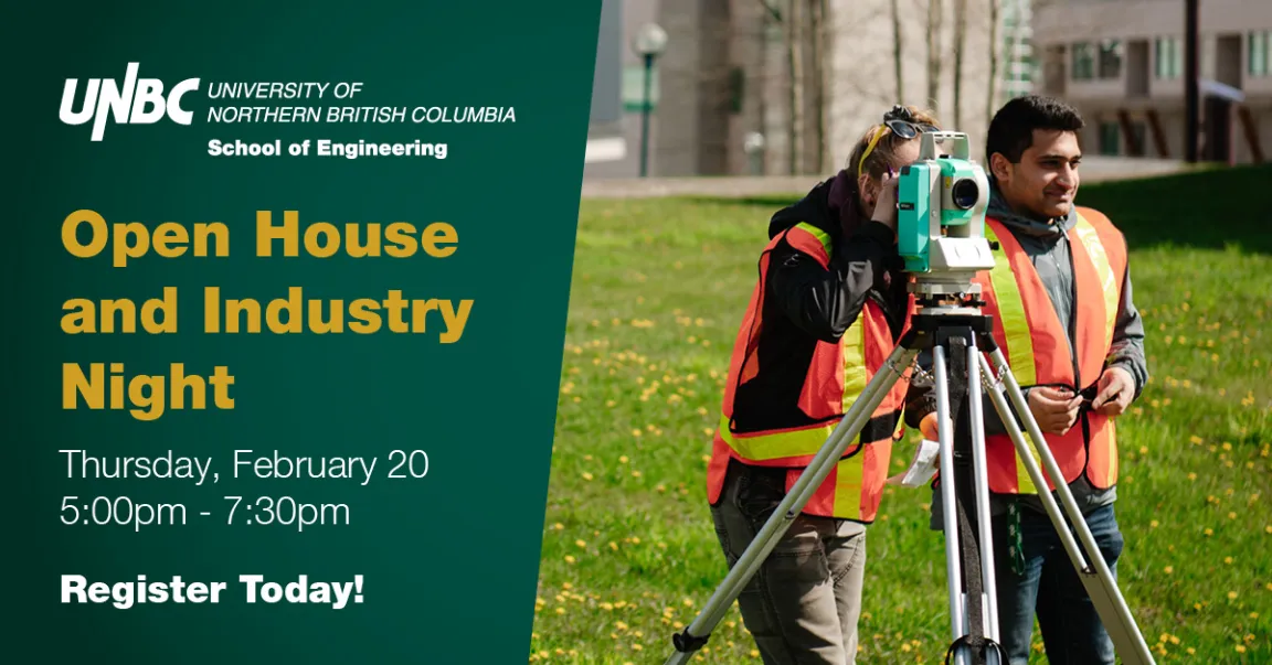 Cover image with Engineering open house information, featuring 2 students in safety vests using surveying equipment.