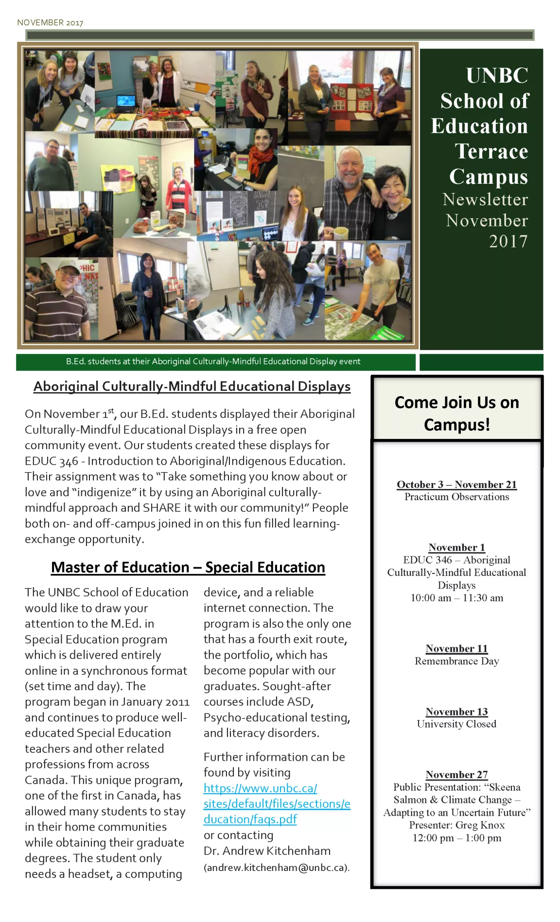 Bachelor of Education November 2017 Newsletter - Page 1/2