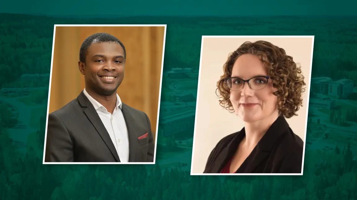 Profile photos of two people in a green graphic with an aerial photo of UNBC's campus in the background.