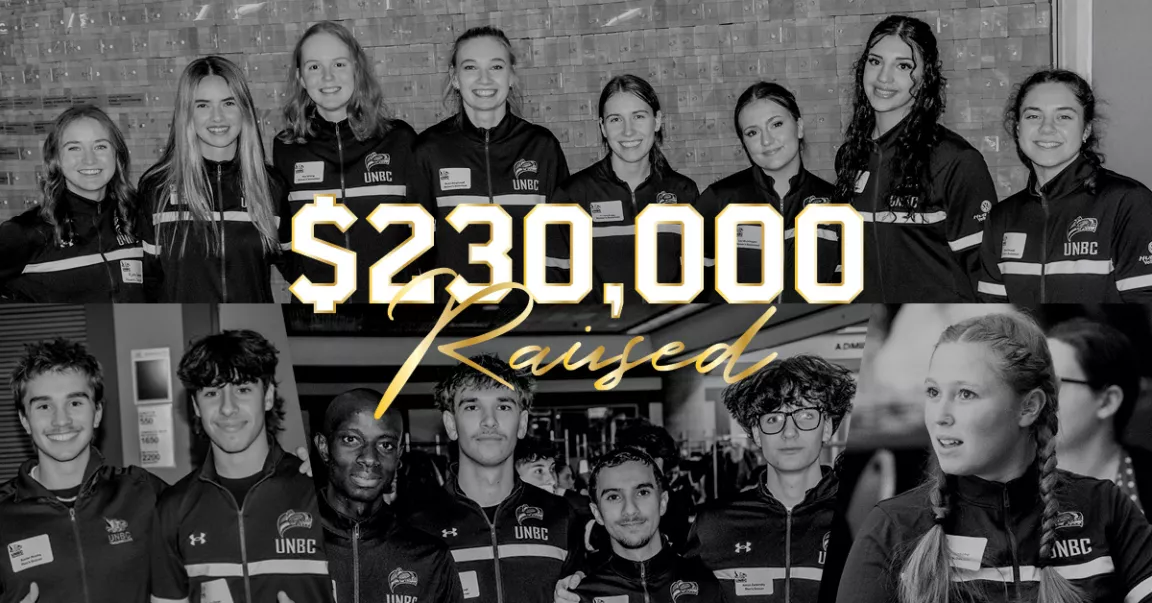 "Black and white graphic featuring two rows of student-athletes wearing UNBC Timberwolves jackets. The top row includes seven individuals standing together, while the bottom row features six individuals and one close-up of a student-athlete. Overlaid text reads '$230,000 Raised' in bold and stylized lettering, emphasizing the amount raised during the UNBC Timberwolves Legacy Night."