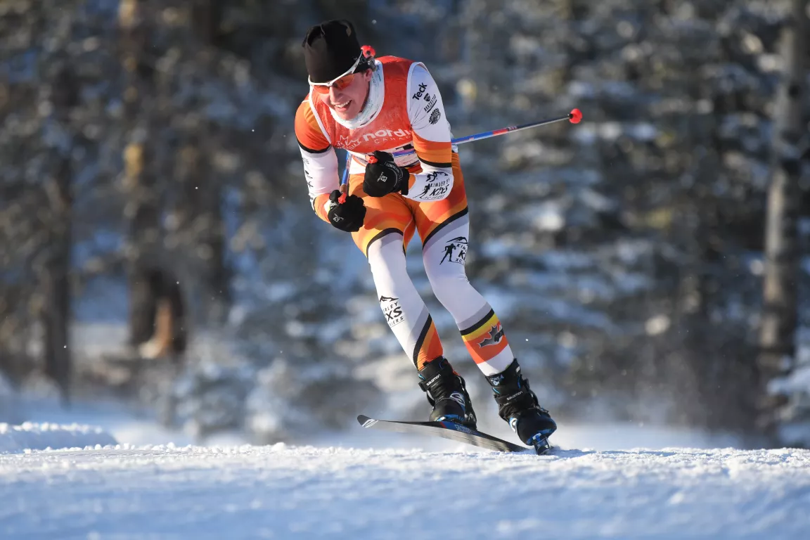 Nordic skier in red and white ski suit slightly crouched. Trees in background.