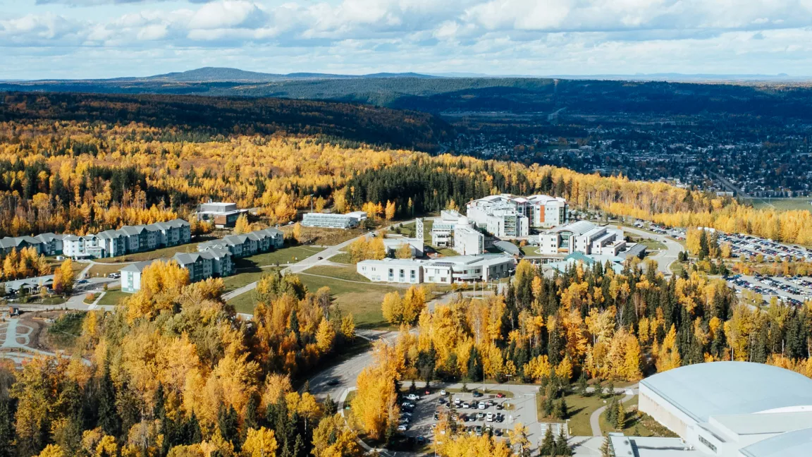 Aerial view of UNBC's Prince George campus in fall.