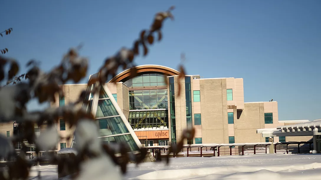 Prince George campus blanketed in a fresh snow.