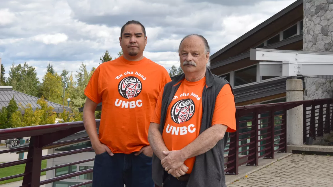 Brandon Prince and Henry Harder outside at the Prince George campus