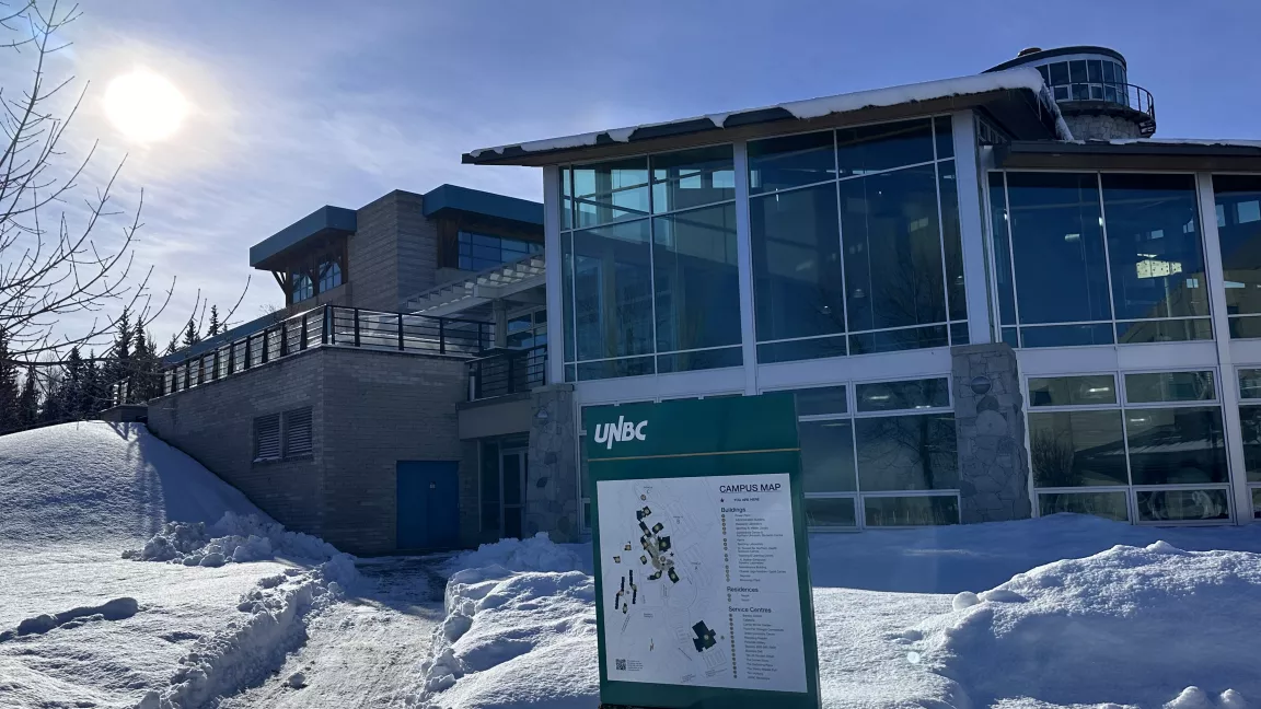 The sun shines over the Prince George campus on a winter day.