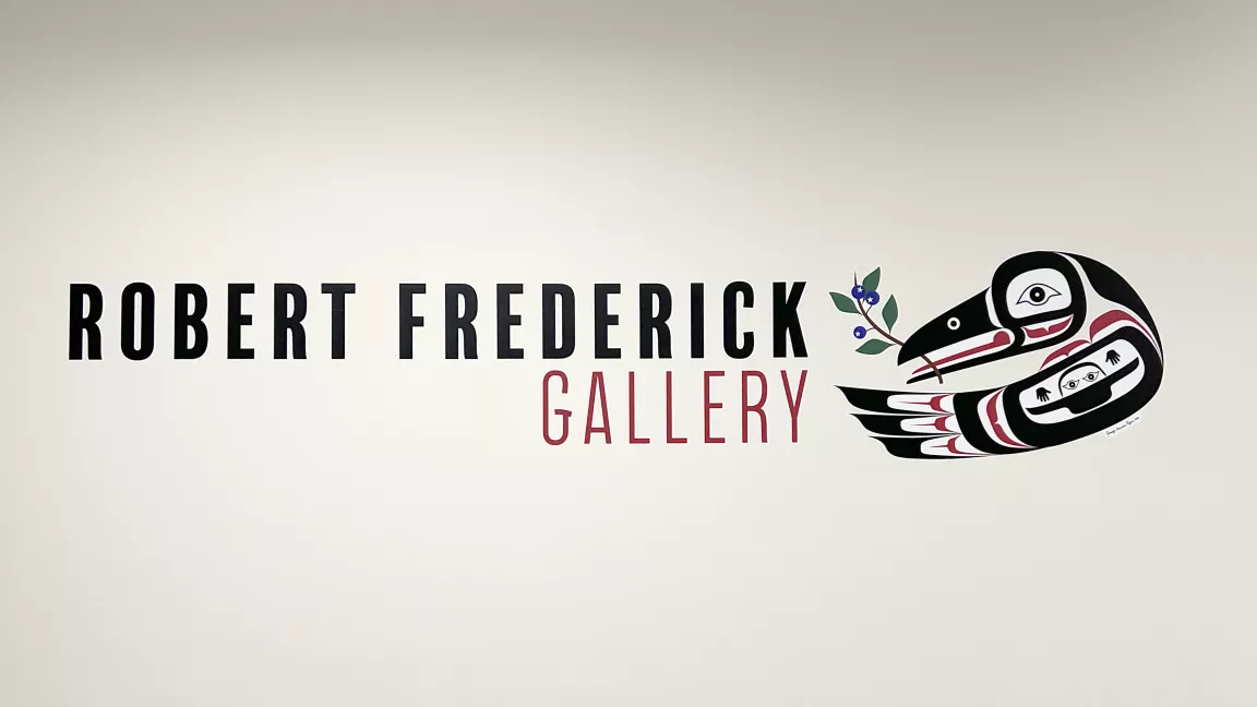 Sign at the Robert Frederick Gallery featuring a Raven when a branch with berries in its mouths by Jennifer Pighin