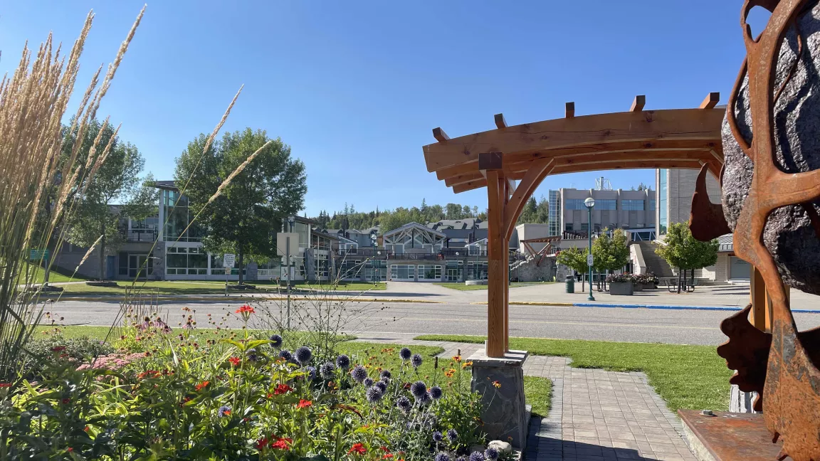 UNBC Prince George campus from the David Douglas Display Garden looking towards the Agora courtyyard 