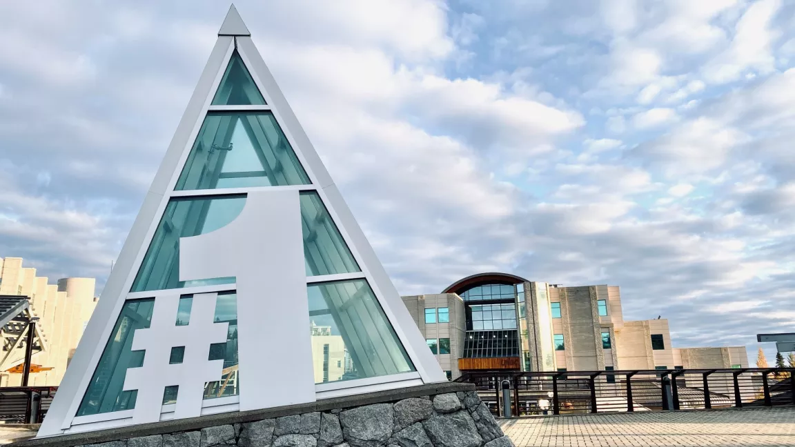 Giant number one in the iceberg skylights above the UNBC bookstore 