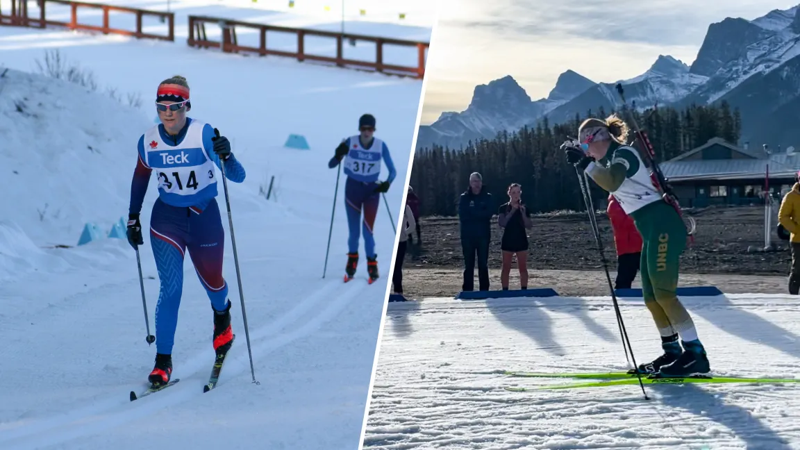 Two UNBC student-athletes competing in Nordic sport events. On the left, Ashley Charleston skis on a snowy trail in a race bib. On the right, Payton Sinclair prepares to shoot in a biathlon event, wearing a green and gold UNBC uniform with mountains in the background.