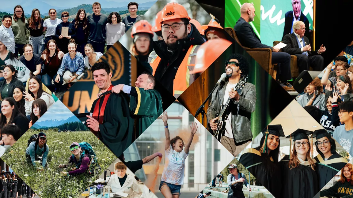 A collage of UNBC highlights from 2024, featuring students in graduation gowns, researchers in a lab, outdoor fieldwork in a forest, sports events, musical performances, and community gatherings, representing a year of achievements and engagement.