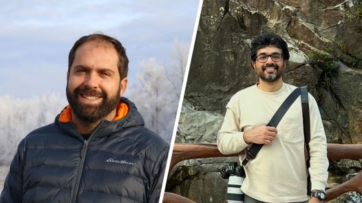 Side-by-side image of two individuals outdoors. On the left, Dr. Oscar Venter wears a dark blue puffer jacket and smiles in front of a frosty landscape. On the right, Rajeev Pillay is dressed in a beige sweater and carries a camera, standing against a rocky background.