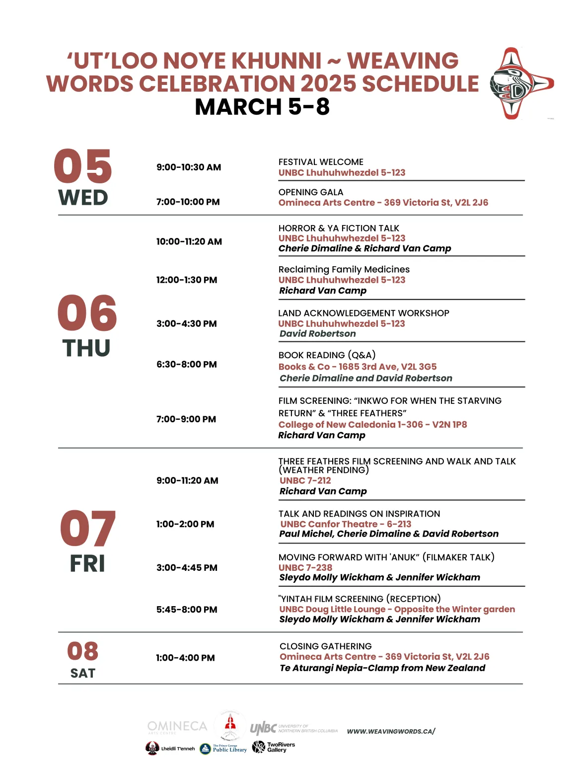 Schedule of Events for Weaving Words 2025