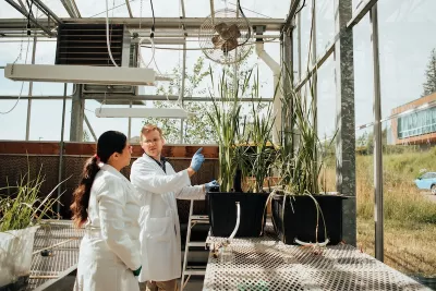 Engineers converse in a greenhouse environmental lab.