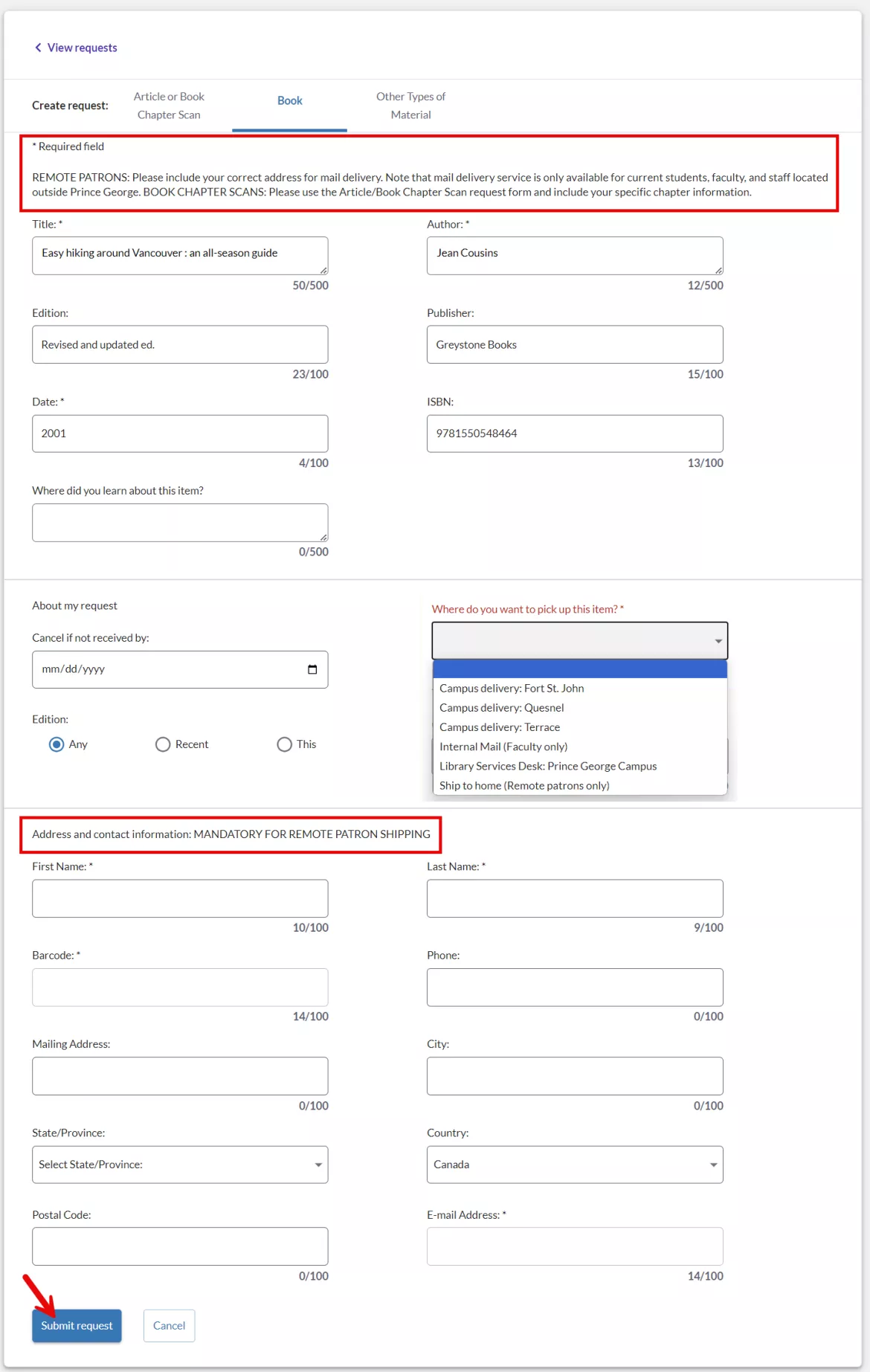 Example of the form for shipping materials to patrons.