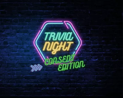 Trivia night logo on black brick wall