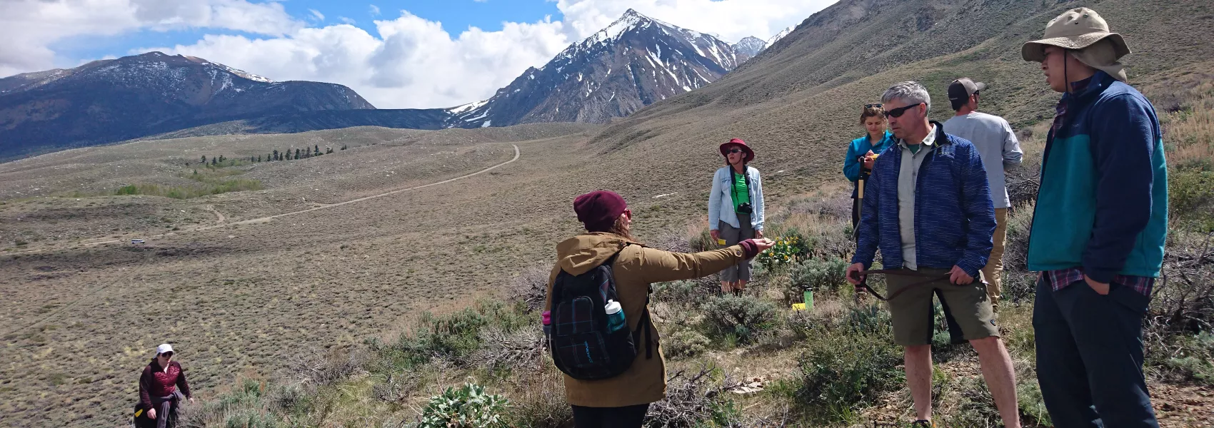 Geography students doing field studies with mountains as backdrop